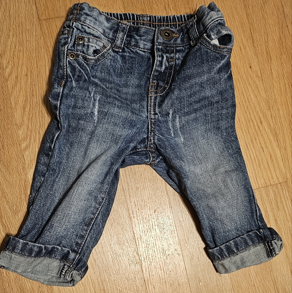 (3 for$20) Baby jeans with distressing and cuff details, front and back pockets